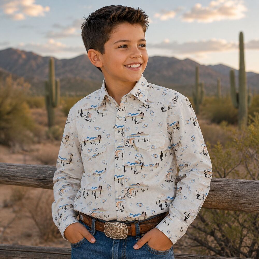 Panhandle Shirt Youth Medium Beige Western Cactus Print Snap Button Up Desert